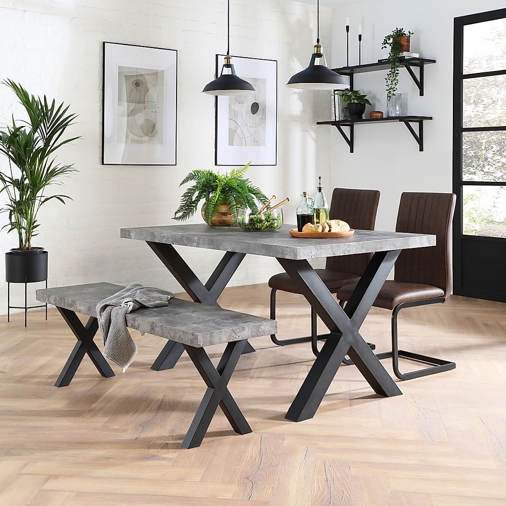 Franklin Industrial Dining Table, Bench & 2 Perth Chairs, Grey Concrete Effect & Black Steel, Vintage Brown Classic Faux Leather, 150cm
