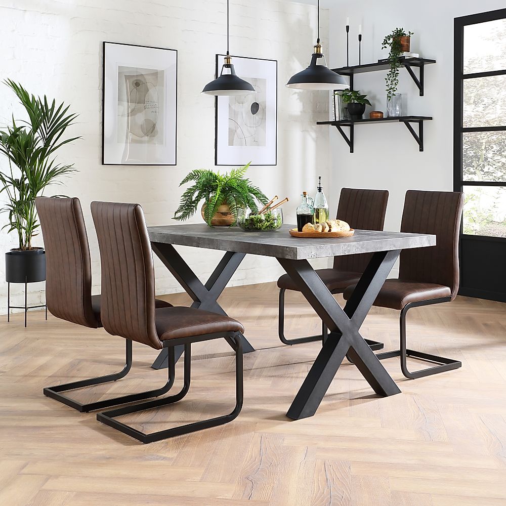 Franklin Industrial Dining Table & 4 Perth Chairs, Grey Concrete Effect & Black Steel, Vintage Brown Classic Faux Leather, 150cm