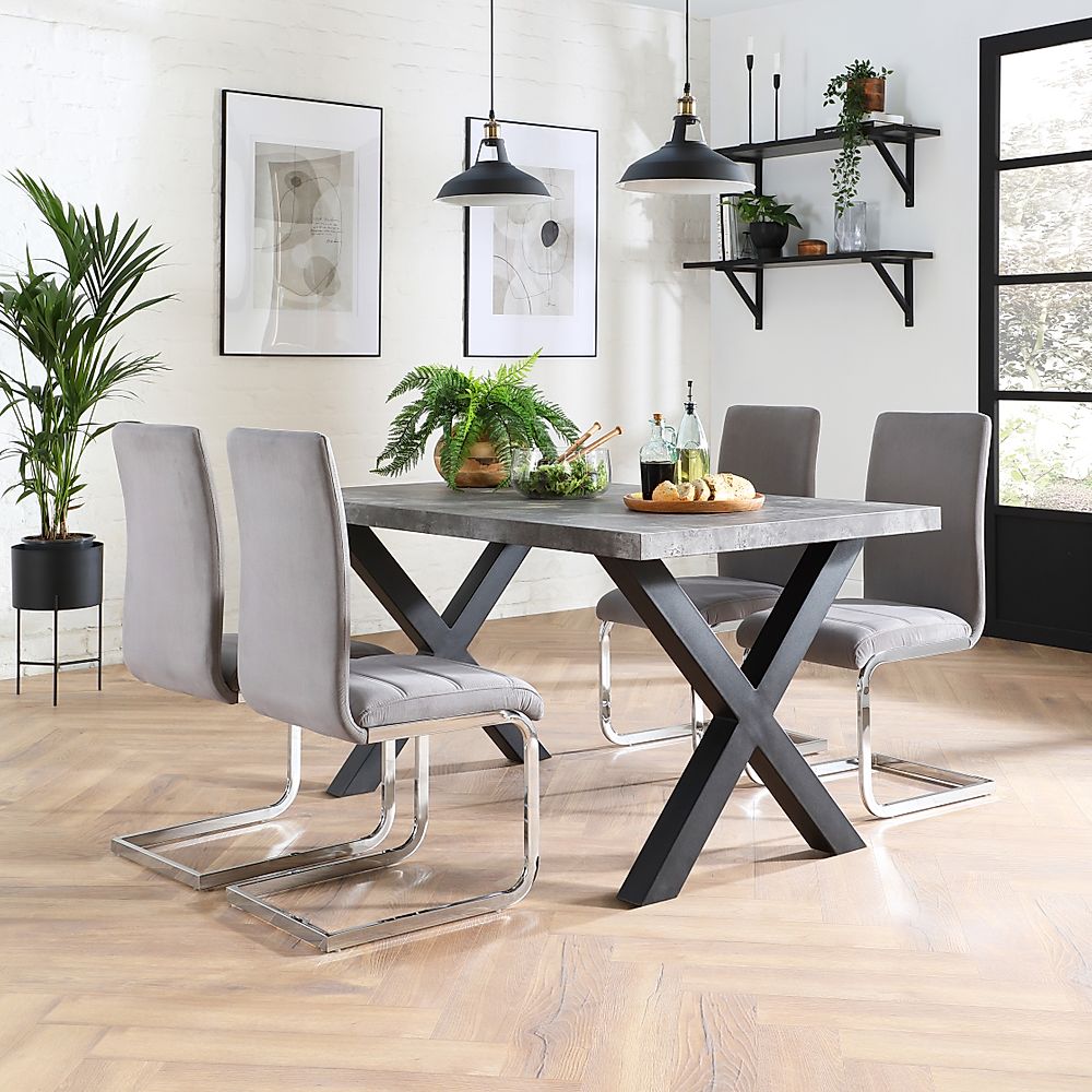 Franklin Industrial Dining Table & 4 Perth Chairs, Grey Concrete Effect & Black Steel, Grey Classic Velvet & Chrome, 150cm