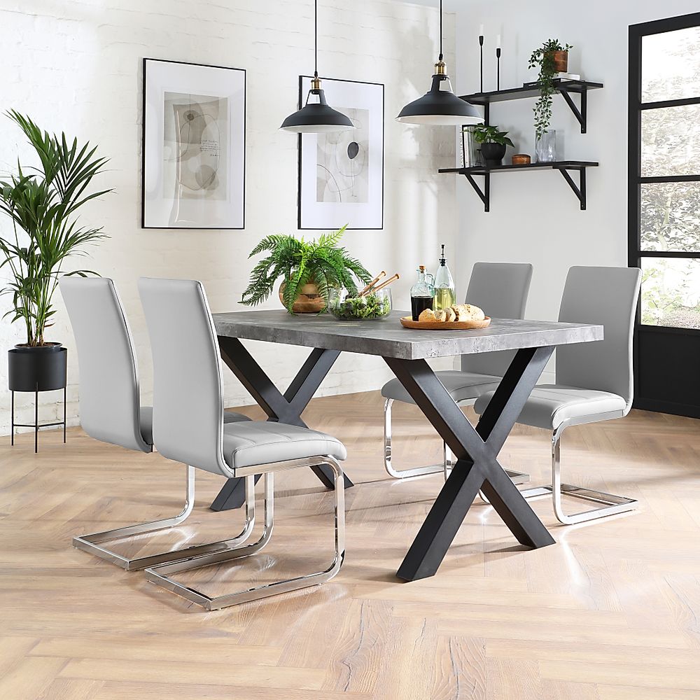 Franklin Industrial Dining Table & 4 Perth Chairs, Grey Concrete Effect & Black Steel, Light Grey Classic Faux Leather & Chrome, 150cm