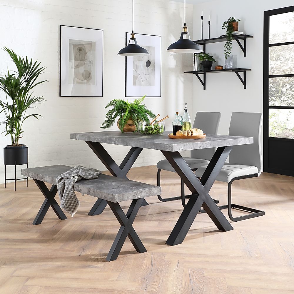 Franklin Industrial Dining Table, Bench & 2 Perth Chairs, Grey Concrete Effect & Black Steel, Light Grey Classic Faux Leather, 150cm