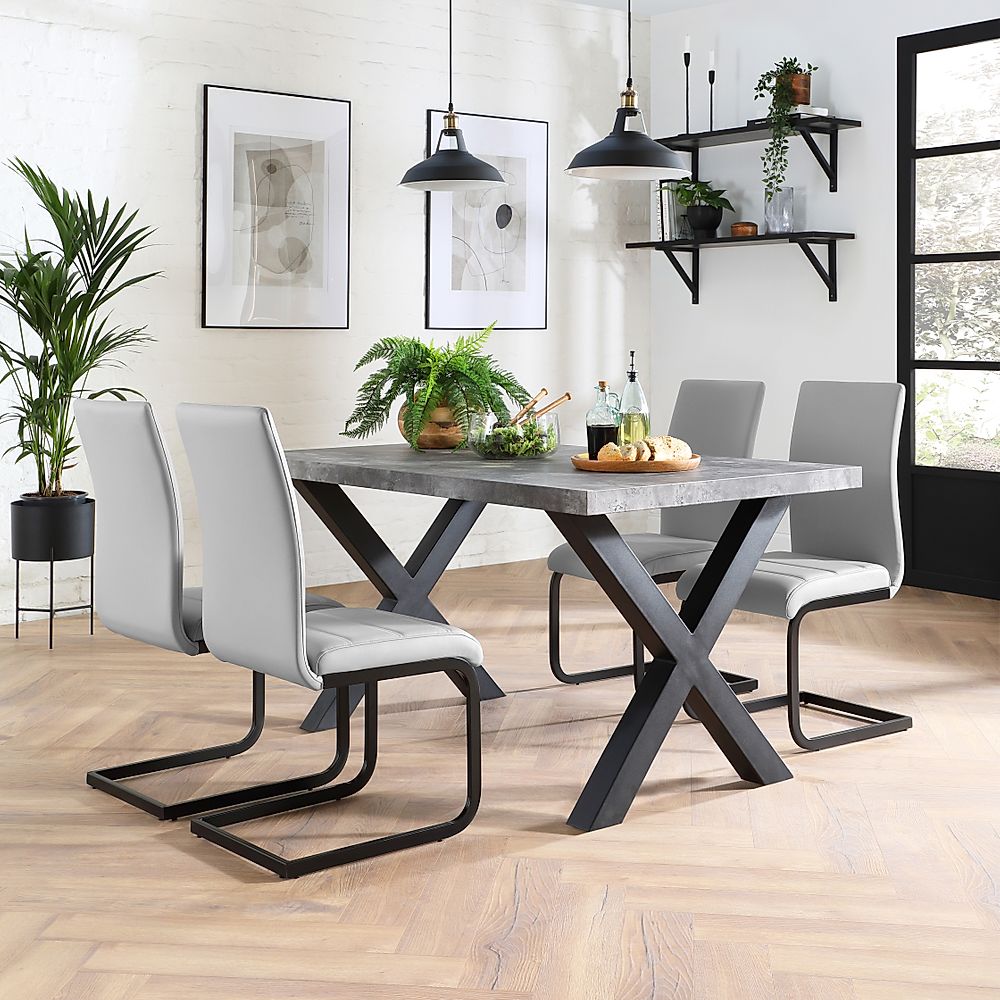 Franklin Industrial Dining Table & 4 Perth Chairs, Grey Concrete Effect & Black Steel, Light Grey Classic Faux Leather, 150cm