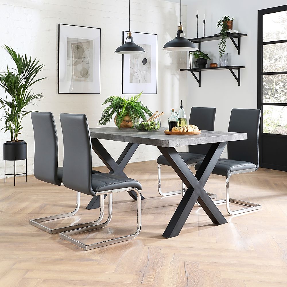 Franklin Industrial Dining Table & 4 Perth Chairs, Grey Concrete Effect & Black Steel, Grey Classic Faux Leather & Chrome, 150cm
