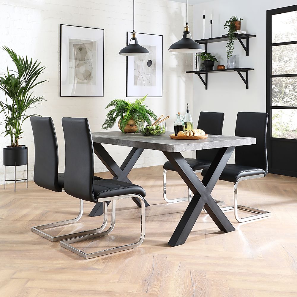 Franklin Industrial Dining Table & 4 Perth Chairs, Grey Concrete Effect & Black Steel, Black Classic Faux Leather & Chrome, 150cm