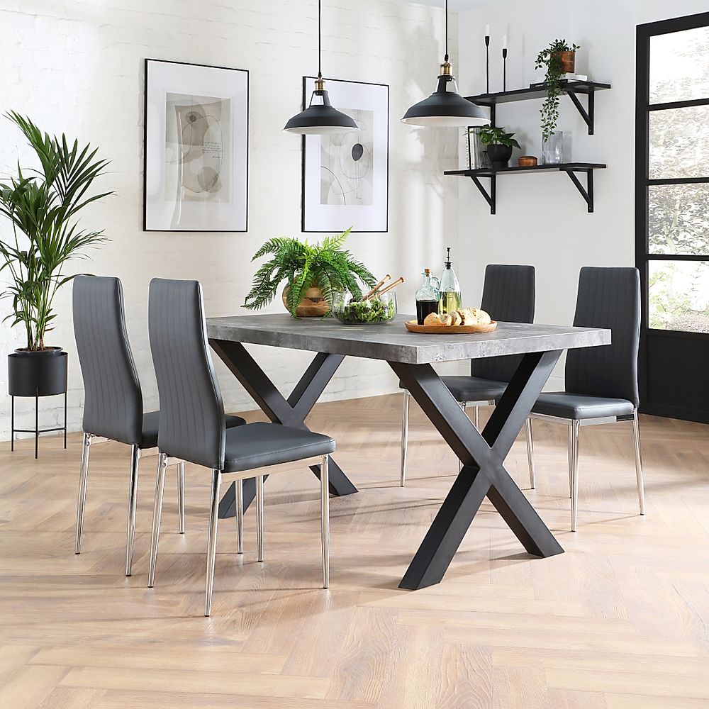 Franklin Industrial Dining Table & 4 Leon Chairs, Grey Concrete Effect & Black Steel, Grey Classic Faux Leather & Chrome, 150cm