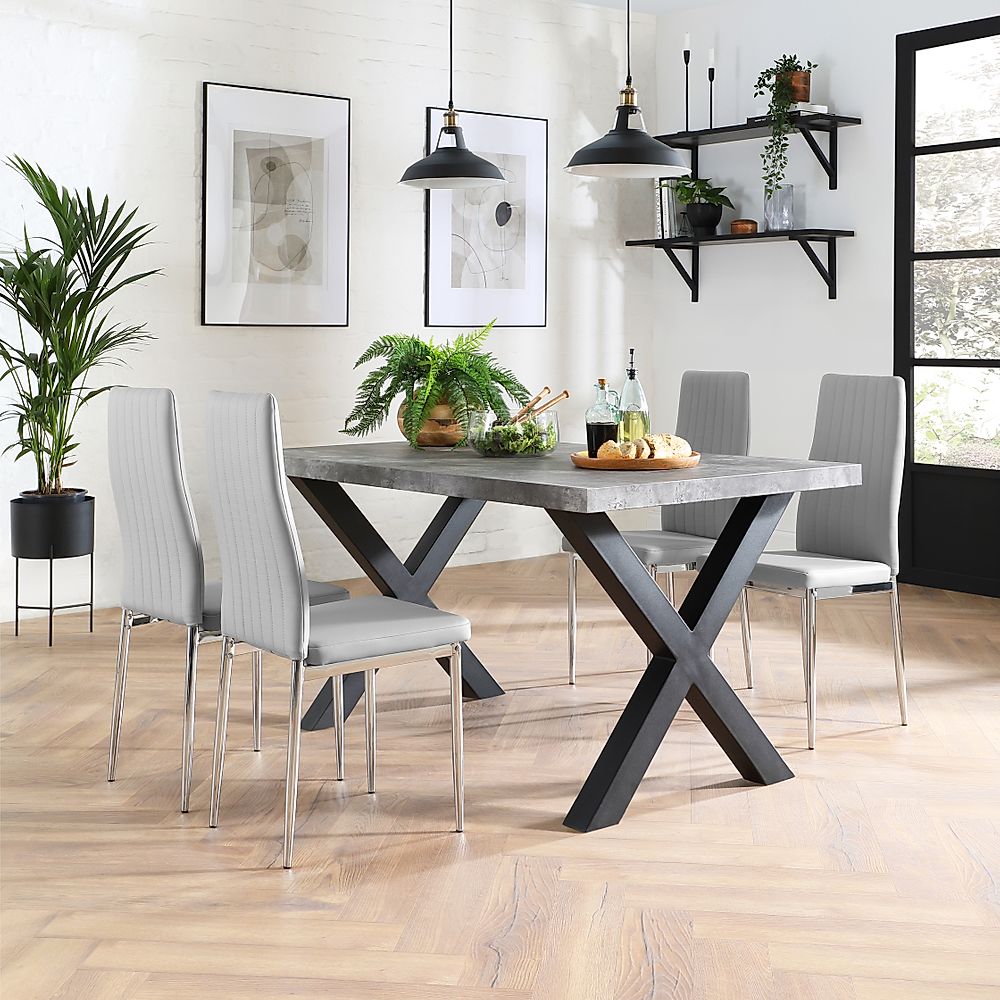 Franklin Industrial Dining Table & 4 Leon Chairs, Grey Concrete Effect & Black Steel, Light Grey Classic Faux Leather & Chrome, 150cm