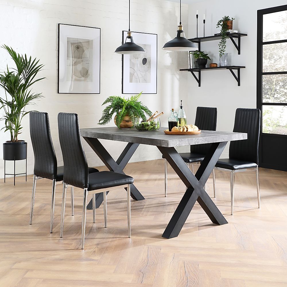 Franklin Industrial Dining Table & 4 Leon Chairs, Grey Concrete Effect & Black Steel, Black Classic Faux Leather & Chrome, 150cm