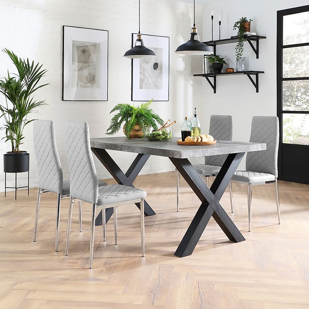 Franklin Industrial Dining Table & 4 Renzo Chairs, Grey Concrete Effect & Black Steel, Light Grey Classic Faux Leather & Chrome, 150cm