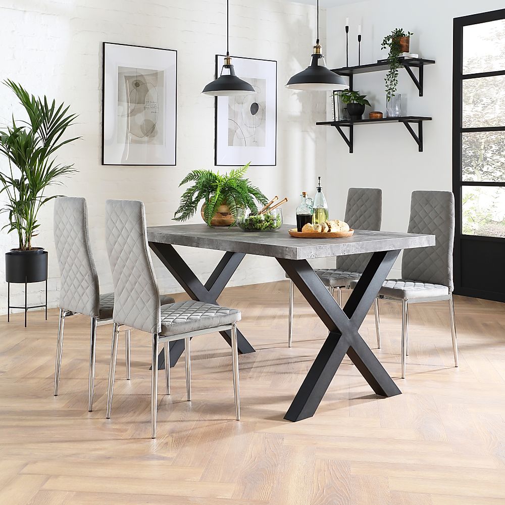 Franklin Industrial Dining Table & 4 Renzo Chairs, Grey Concrete Effect & Black Steel, Grey Classic Velvet & Chrome, 150cm