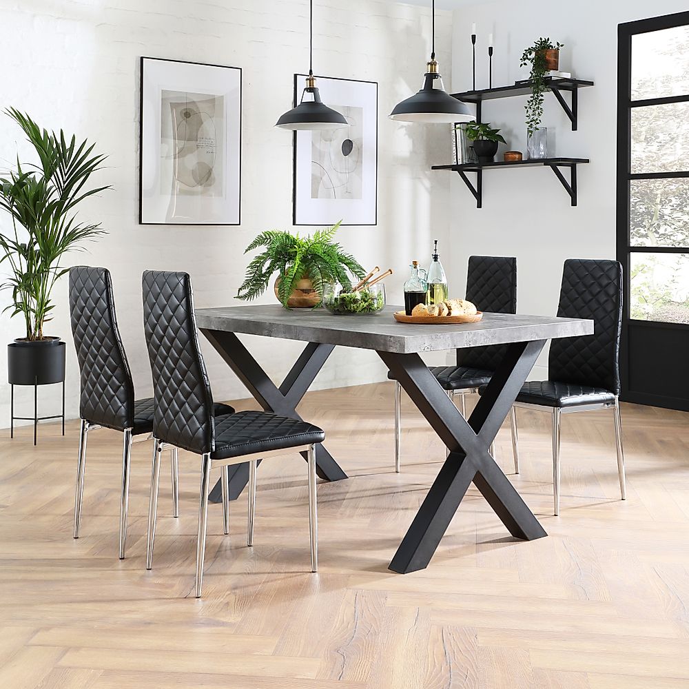 Franklin Industrial Dining Table & 4 Renzo Chairs, Grey Concrete Effect & Black Steel, Black Classic Faux Leather & Chrome, 150cm