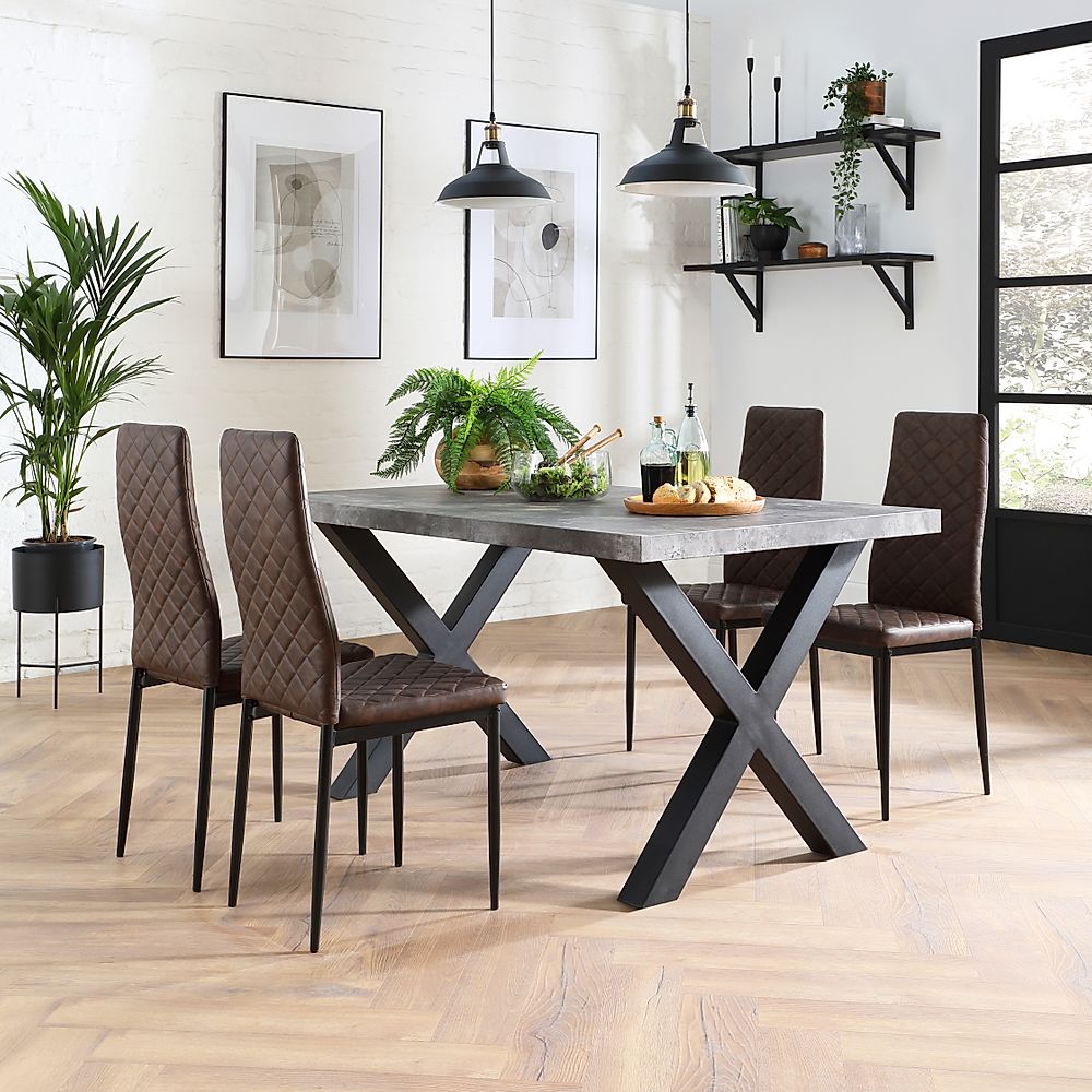 Franklin Industrial Dining Table & 4 Renzo Chairs, Grey Concrete Effect & Black Steel, Vintage Brown Classic Faux Leather, 150cm