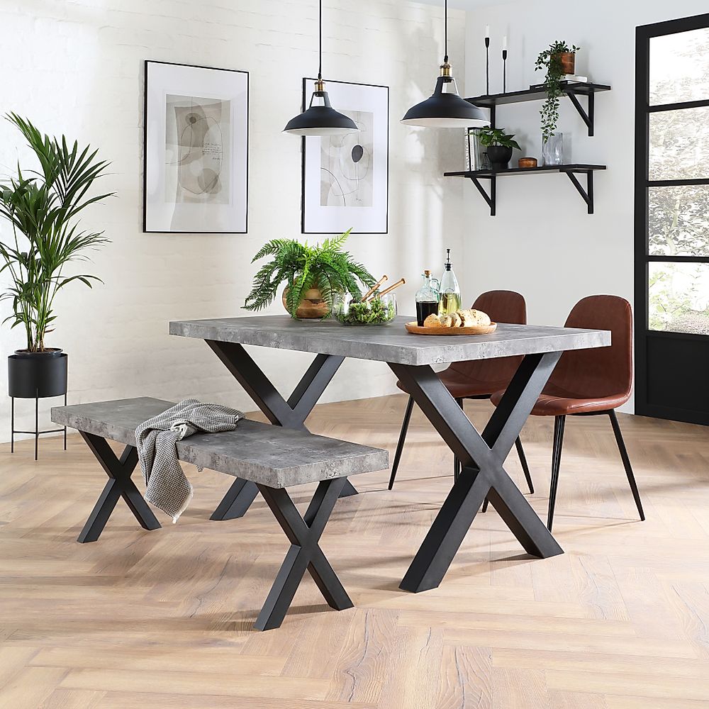 Franklin Industrial Dining Table, Bench & 2 Brooklyn Chairs, Grey Concrete Effect & Black Steel, Tan Classic Faux Leather, 150cm