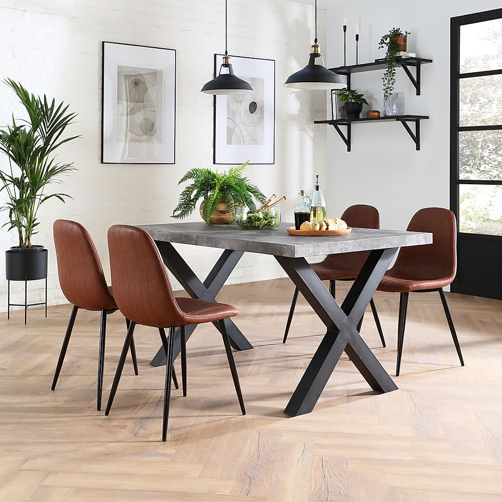 Franklin Industrial Dining Table & 4 Brooklyn Chairs, Grey Concrete Effect & Black Steel, Tan Classic Faux Leather, 150cm