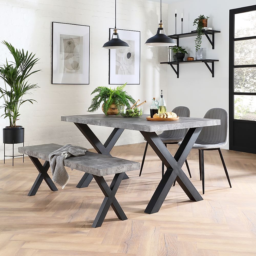 Franklin Industrial Dining Table, Bench & 2 Brooklyn Chairs, Grey Concrete Effect & Black Steel, Grey Classic Velvet, 150cm