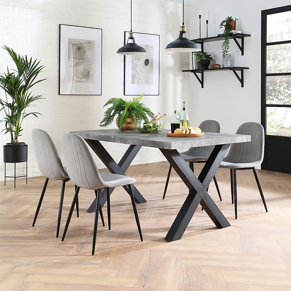 Franklin Industrial Dining Table & 4 Brooklyn Chairs, Grey Concrete Effect & Black Steel, Grey Classic Velvet, 150cm