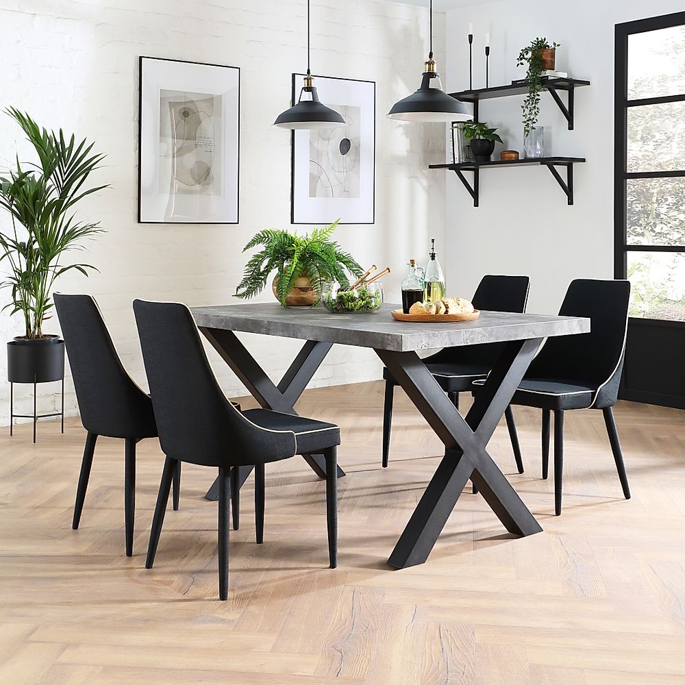 Franklin Industrial Dining Table & 4 Modena Chairs, Grey Concrete Effect & Black Steel, Black Classic Linen-Weave Fabric, 150cm