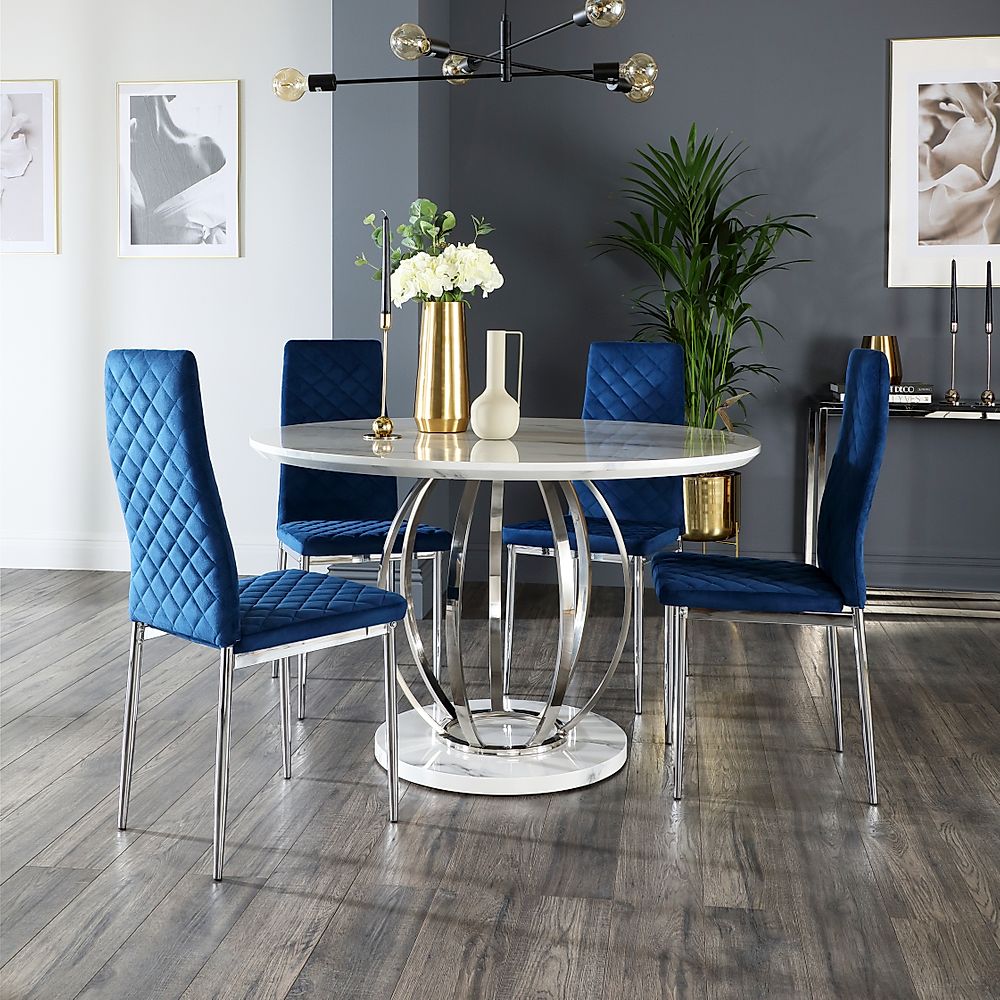 Savoy Round Dining Table & 4 Renzo Chairs, White Marble Effect & Chrome, Blue Classic Velvet, 120cm