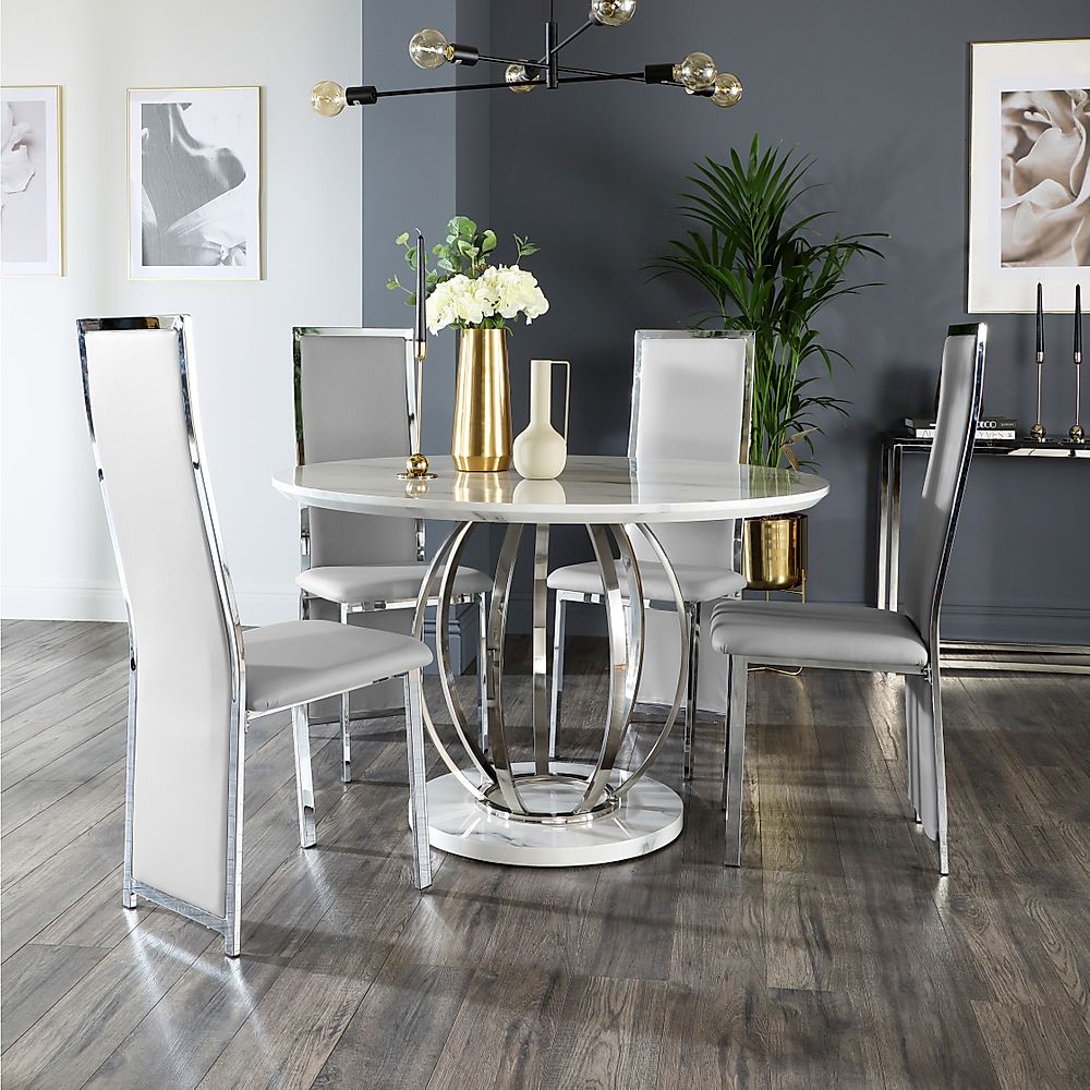 Savoy Round Dining Table & 4 Celeste Chairs, White Marble Effect & Chrome, Light Grey Classic Faux Leather, 120cm