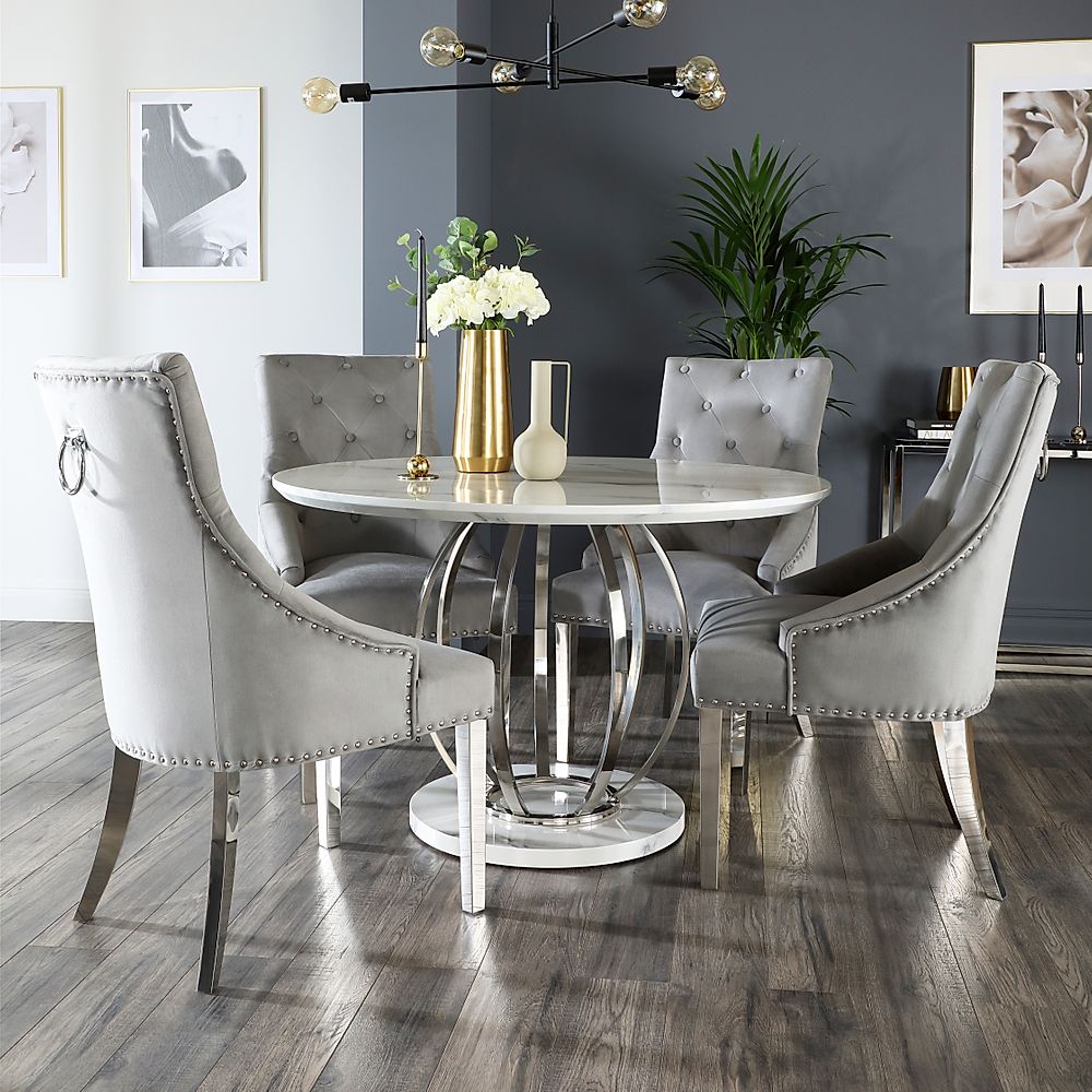 Savoy Round Dining Table & 4 Imperial Chairs, White Marble Effect & Chrome, Grey Classic Velvet, 120cm