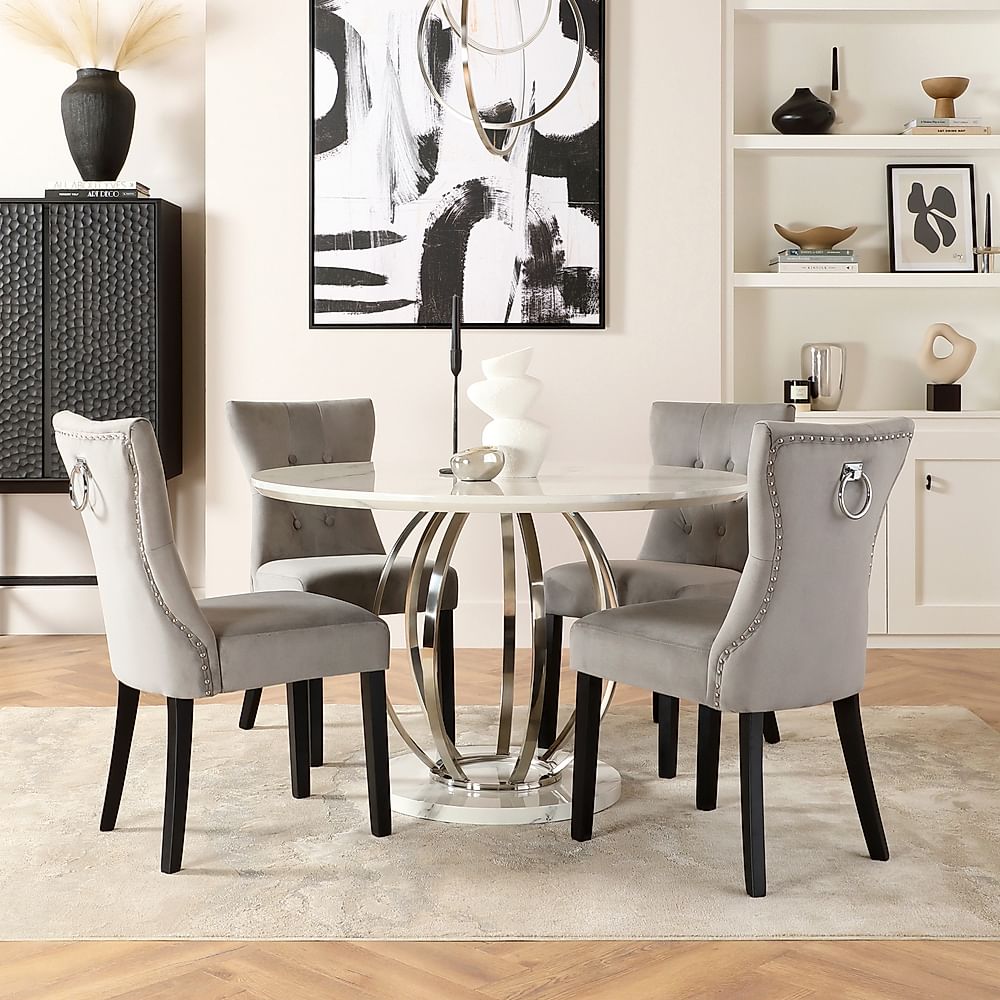 Savoy Round Dining Table & 4 Kensington Chairs, White Marble Effect & Chrome, Grey Classic Velvet & Black Solid Hardwood, 120cm