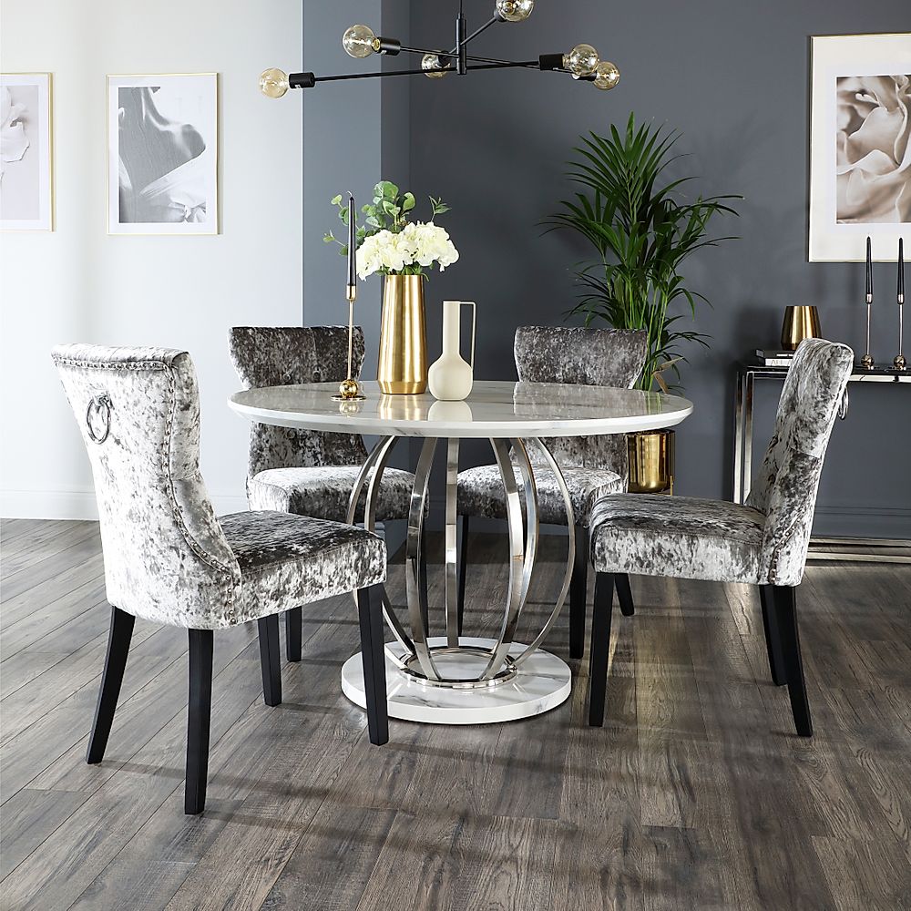 Savoy Round Dining Table & 4 Kensington Chairs, White Marble Effect & Chrome, Silver Crushed Velvet & Black Solid Hardwood, 120cm