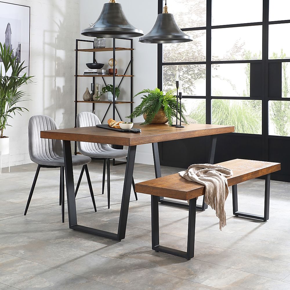 Addison Industrial Dining Table, Bench & 2 Brooklyn Chairs, Dark Oak Veneer & Black Steel, Grey Classic Velvet, 150cm
