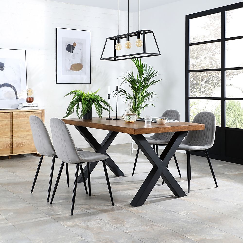 Franklin Industrial Dining Table & 4 Brooklyn Chairs, Dark Oak Veneer & Black Steel, Grey Classic Velvet, 150cm