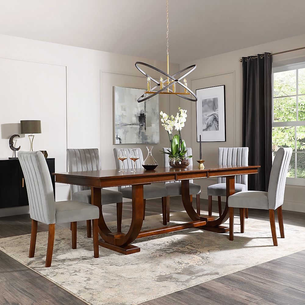 Pavilion Extending Dining Table & 4 Salisbury Chairs, Dark Oak Veneer & Solid Hardwood, Grey Classic Velvet & Dark Solid Hardwood, 180-225cm