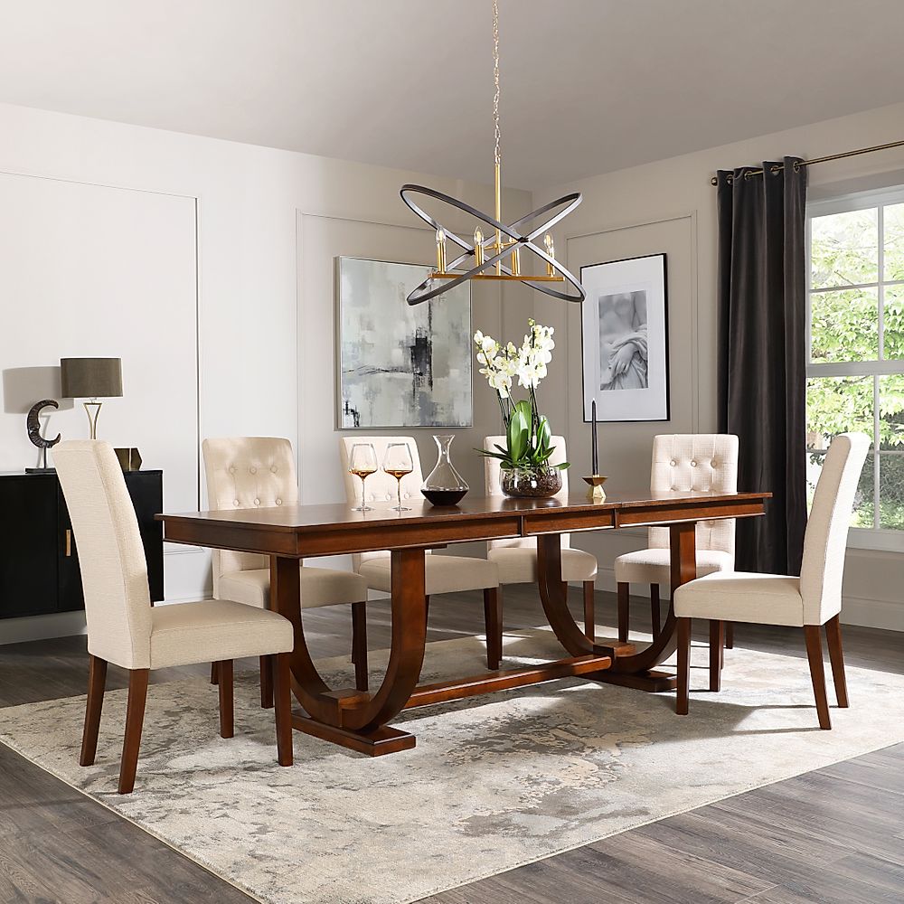 Pavilion Extending Dining Table & 8 Regent Chairs, Dark Oak Veneer & Solid Hardwood, Oatmeal Classic Linen-Weave Fabric & Dark Solid Hardwood, 180-225cm