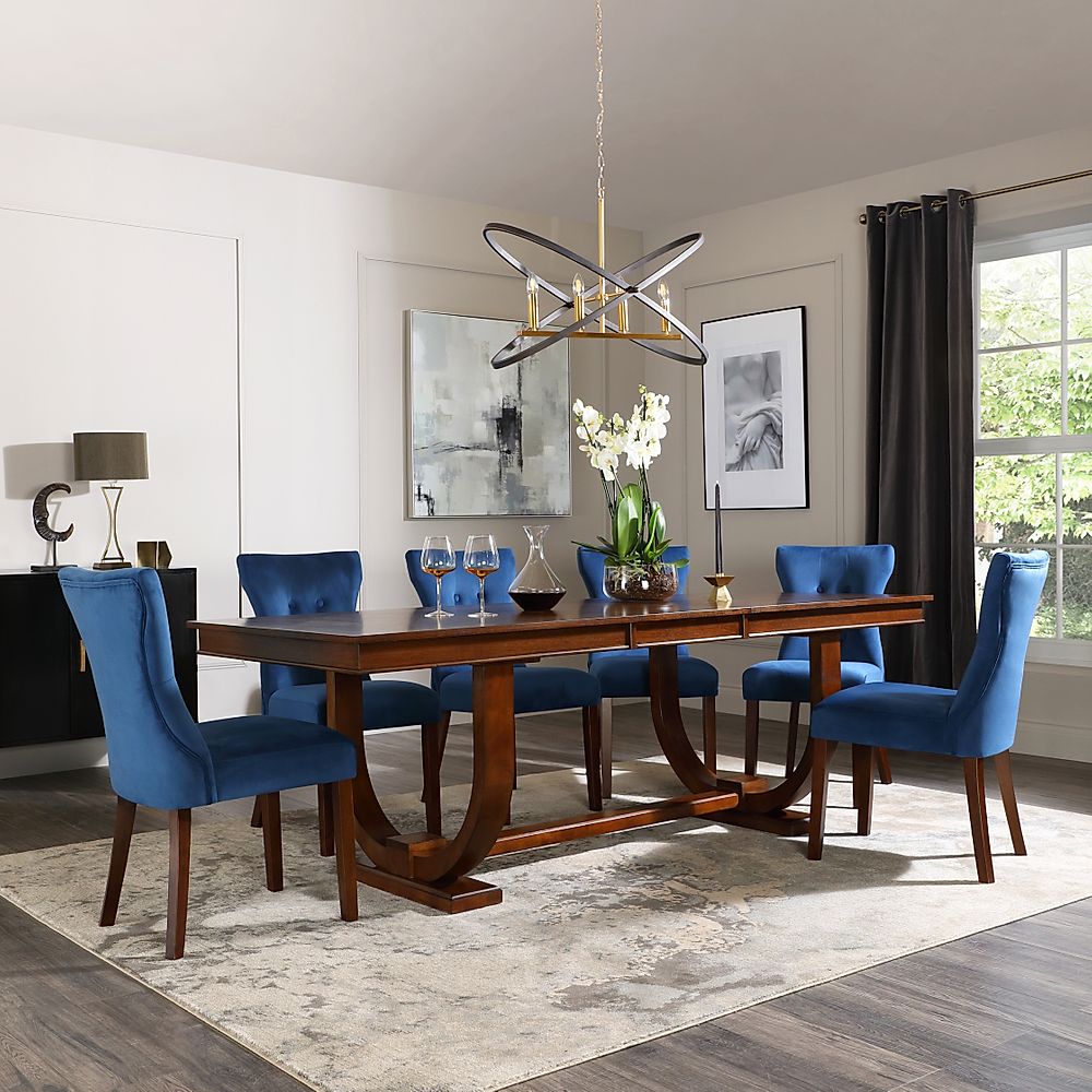 Pavilion Extending Dining Table & 6 Bewley Chairs, Dark Oak Veneer & Solid Hardwood, Blue Classic Velvet & Dark Solid Hardwood, 180-225cm