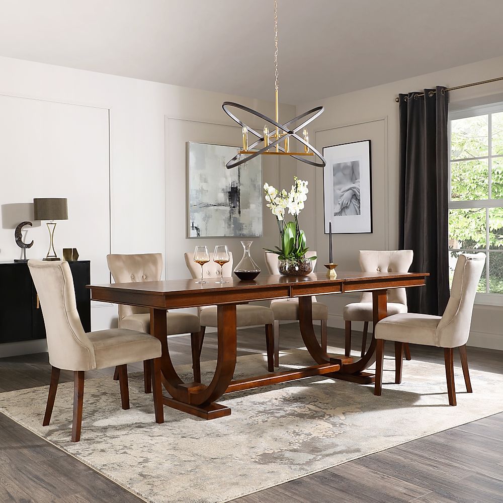 Pavilion Extending Dining Table & 4 Bewley Chairs, Dark Oak Veneer & Solid Hardwood, Champagne Classic Velvet & Dark Solid Hardwood, 180-225cm