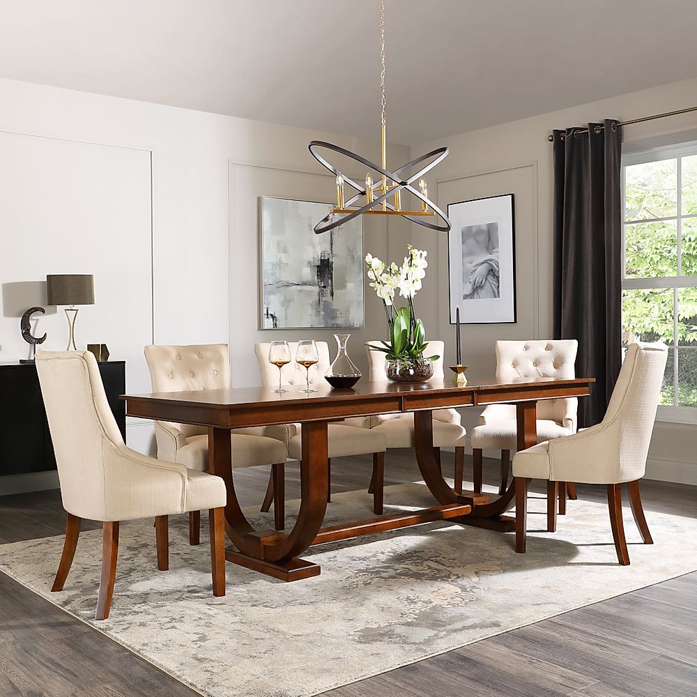 Pavilion Extending Dining Table & 6 Duke Chairs, Dark Oak Veneer & Solid Hardwood, Oatmeal Classic Linen-Weave Fabric & Dark Solid Hardwood, 180-225cm