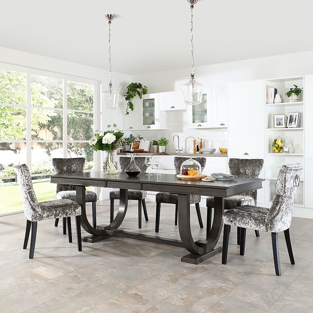 Pavilion Extending Dining Table & 8 Kensington Chairs, Grey Oak Veneer & Solid Hardwood, Silver Crushed Velvet & Black Solid Hardwood, 180-225cm