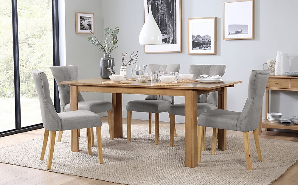Bali Extending Dining Table & 4 Bewley Chairs, Natural Oak Finished Solid Hardwood, Light Grey Classic Linen-Weave Fabric, 150-180cm
