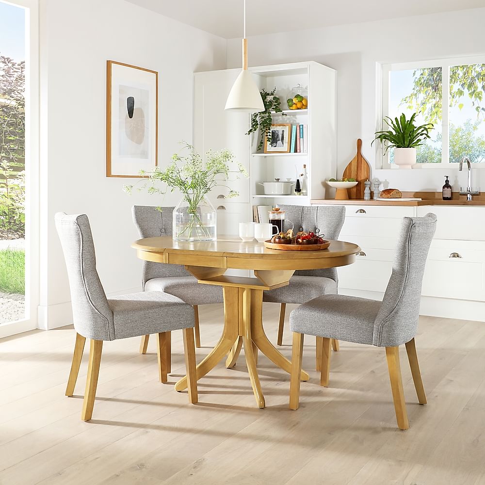 Hudson Round Extending Dining Table & 4 Bewley Chairs, Natural Oak Finished Solid Hardwood, Light Grey Classic Linen-Weave Fabric, 90-120cm