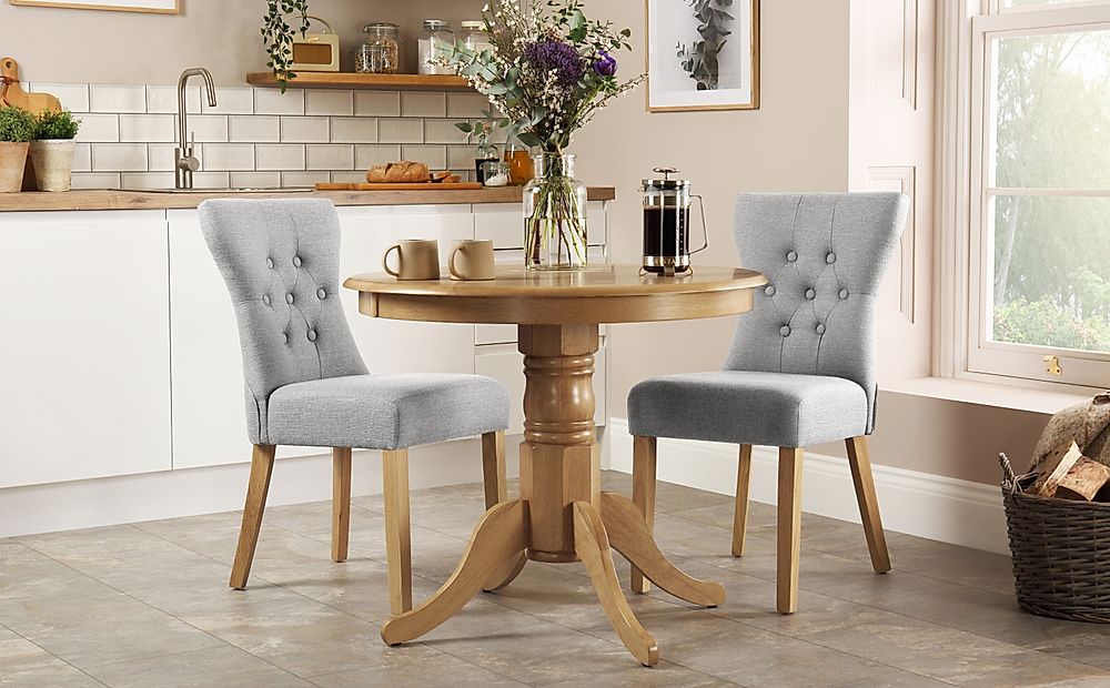 Kingston Round Dining Table & 2 Bewley Chairs, Natural Oak Finished Solid Hardwood, Light Grey Classic Linen-Weave Fabric, 90cm