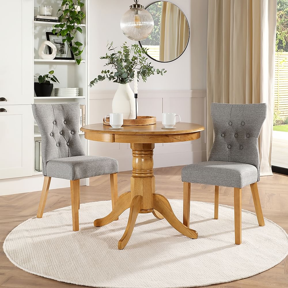 Kingston Round Dining Table & 2 Bewley Chairs, Natural Oak Finished Solid Hardwood, Light Grey Classic Linen-Weave Fabric, 90cm