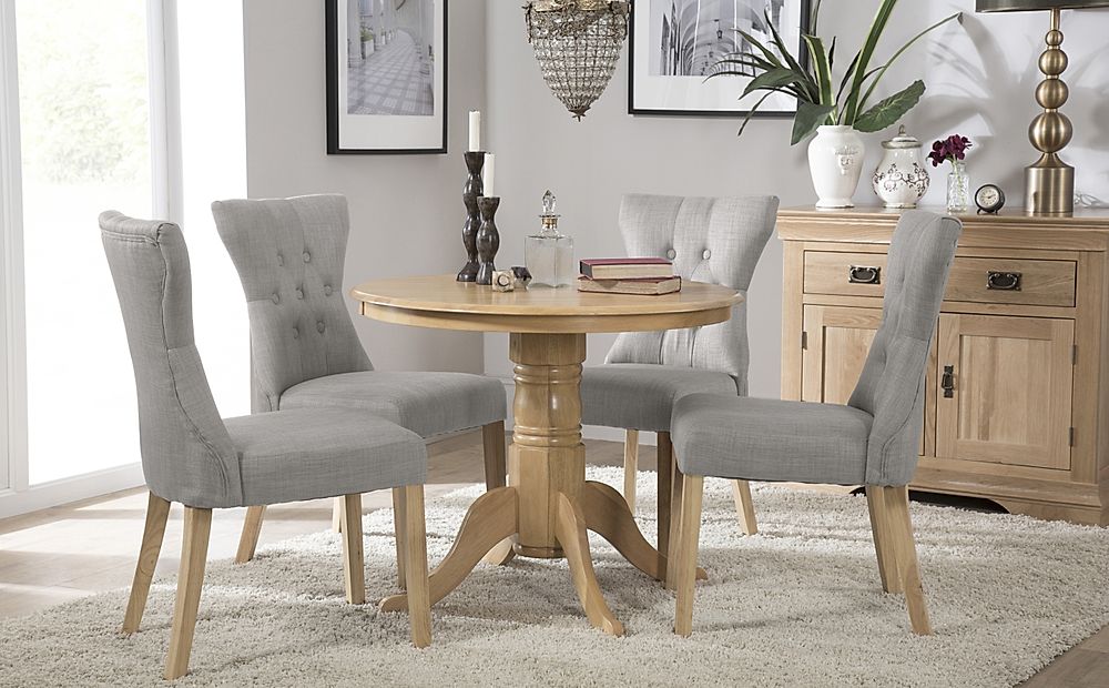 Kingston Round Dining Table & 4 Bewley Chairs, Natural Oak Finished Solid Hardwood, Light Grey Classic Linen-Weave Fabric, 90cm