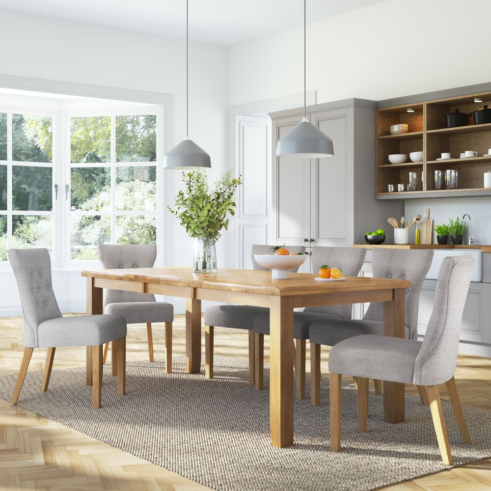 Highbury Extending Dining Table & 6 Bewley Chairs, Natural Oak Finished Solid Hardwood, Light Grey Classic Linen-Weave Fabric, 150-200cm