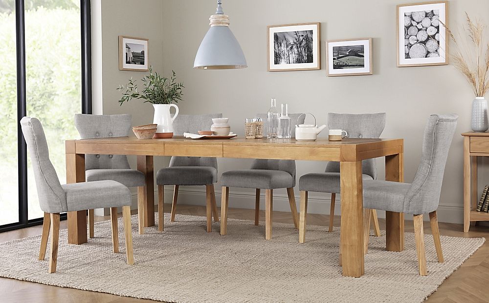 Cambridge Extending Dining Table & 6 Bewley Chairs, Natural Oak Veneer & Solid Hardwood, Light Grey Classic Linen-Weave Fabric & Natural Oak Finished Solid Hardwood, 175-220cm