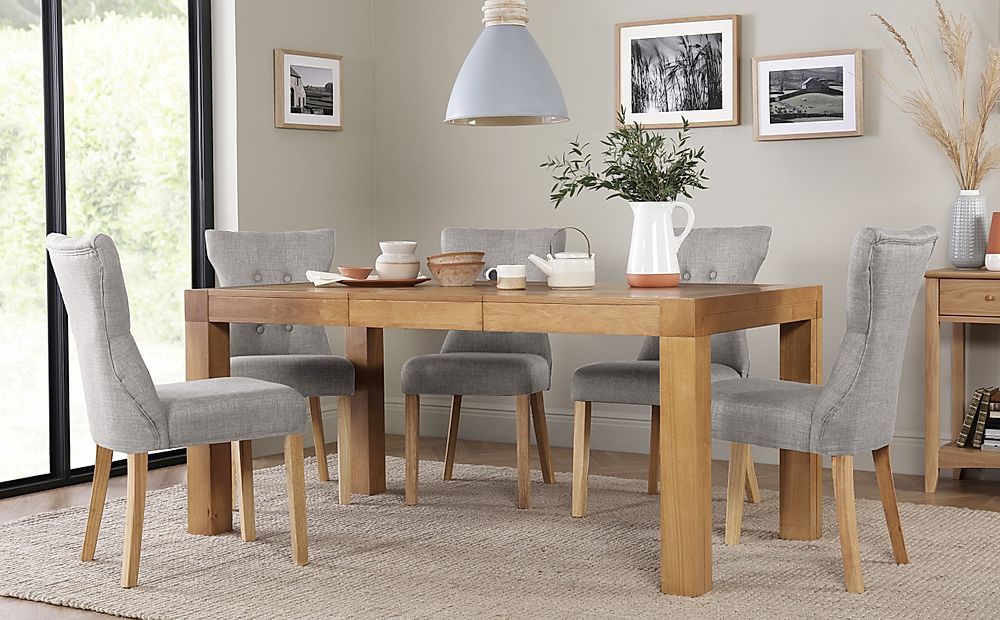 Cambridge Extending Dining Table & 4 Bewley Chairs, Natural Oak Veneer & Solid Hardwood, Light Grey Classic Linen-Weave Fabric & Natural Oak Finished Solid Hardwood, 125-170cm
