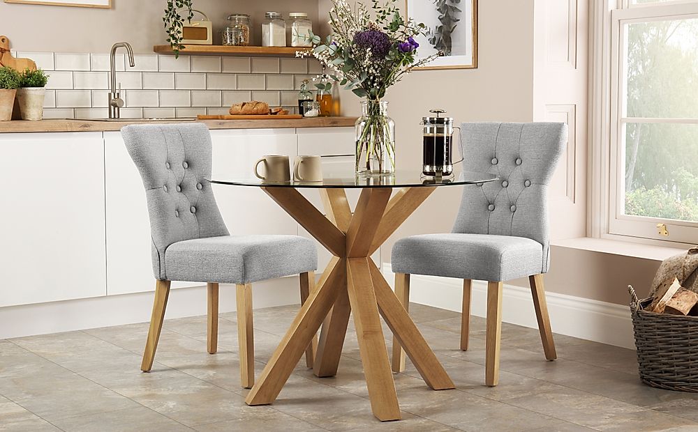 Hatton Round Dining Table & 2 Bewley Chairs, Glass & Natural Oak Finished Solid Hardwood, Light Grey Classic Linen-Weave Fabric, 100cm