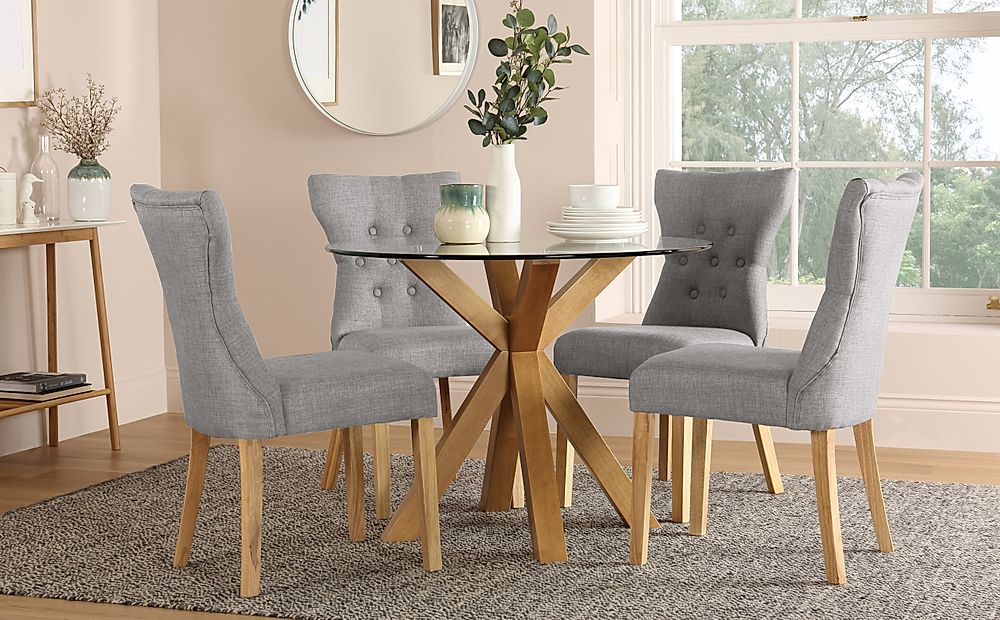 Hatton Round Dining Table & 4 Bewley Chairs, Glass & Natural Oak Finished Solid Hardwood, Light Grey Classic Linen-Weave Fabric, 100cm
