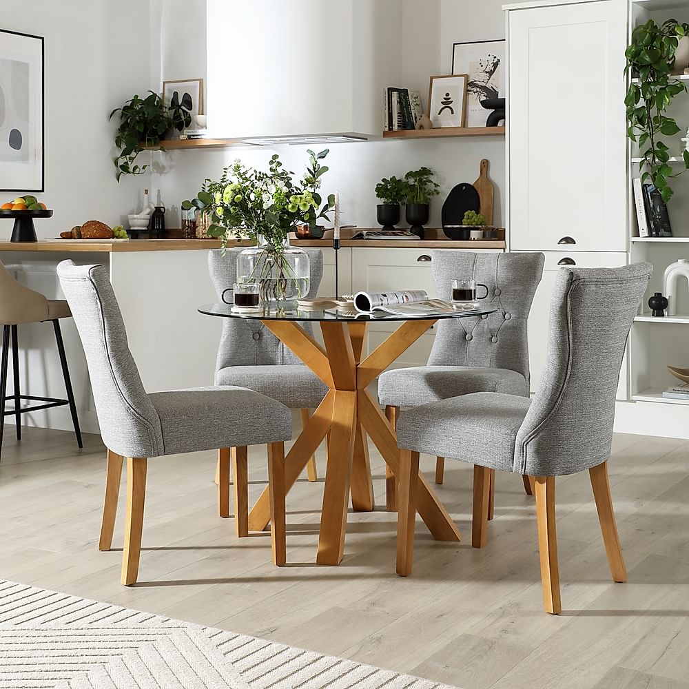 Hatton Round Dining Table & 4 Bewley Chairs, Glass & Natural Oak Finished Solid Hardwood, Light Grey Classic Linen-Weave Fabric, 100cm