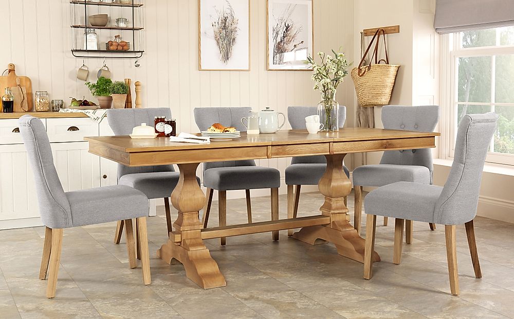 Cavendish Extending Dining Table & 4 Bewley Chairs, Natural Oak Veneer & Solid Hardwood, Light Grey Classic Linen-Weave Fabric & Natural Oak Finished Solid Hardwood, 160-200cm