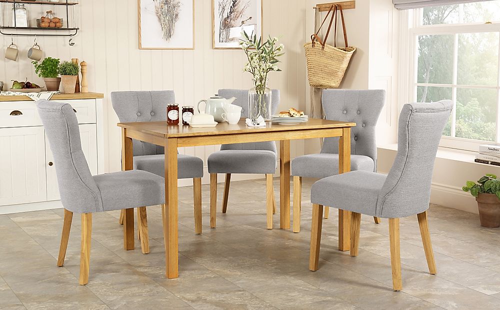 Milton Dining Table & 4 Bewley Chairs, Natural Oak Finished Solid Hardwood, Light Grey Classic Linen-Weave Fabric, 120cm