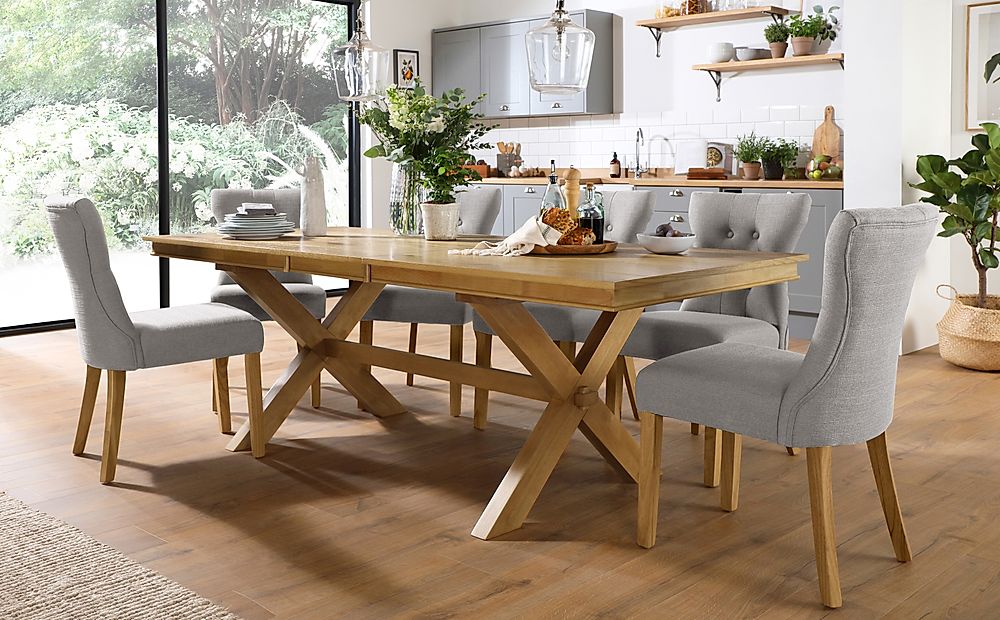 Grange Extending Dining Table & 4 Bewley Chairs, Natural Oak Veneer & Solid Hardwood, Light Grey Classic Linen-Weave Fabric & Natural Oak Finished Solid Hardwood, 180-220cm
