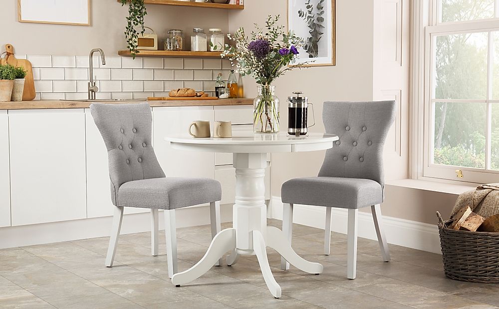 Kingston Round Dining Table & 2 Bewley Chairs, White Wood, Light Grey Classic Linen-Weave Fabric, 90cm