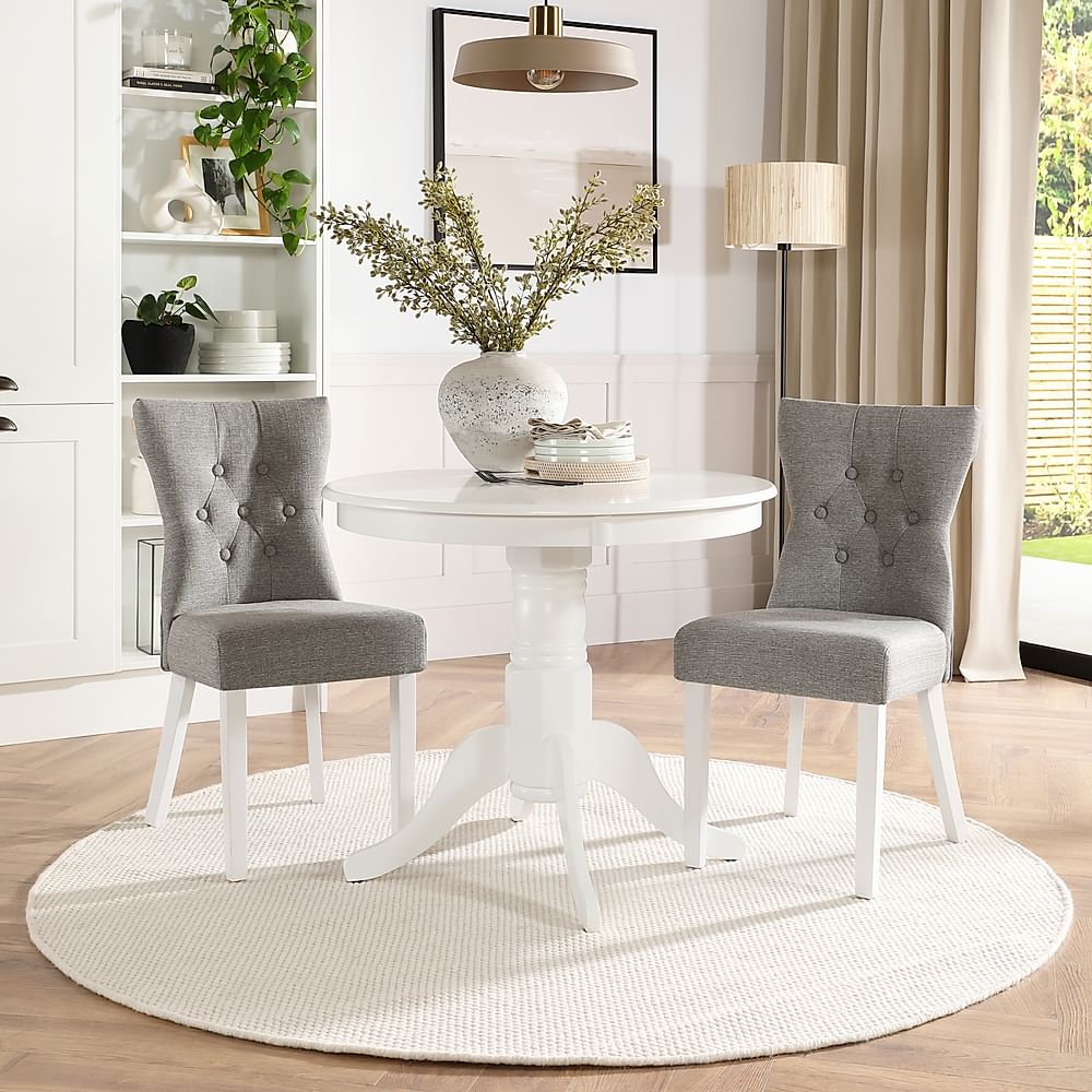 Kingston Round Dining Table & 2 Bewley Chairs, White Wood, Light Grey Classic Linen-Weave Fabric, 90cm