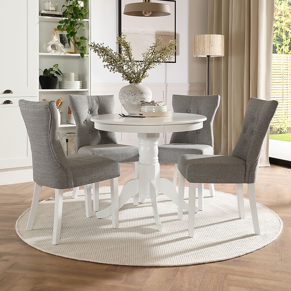 Kingston Round Dining Table & 4 Bewley Chairs, White Wood, Light Grey Classic Linen-Weave Fabric, 90cm